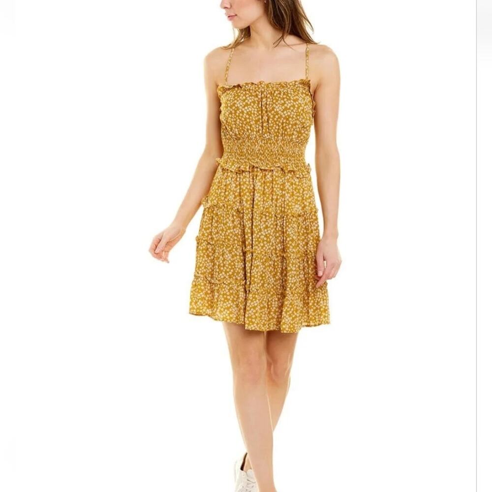 Avantlook Dress Women's Small Gold White Floral Sleeveless Ruffled Boho Casual
